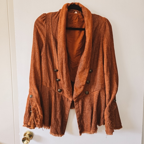 Free People Flared Sleeve Blazer Jacket with Lace, Tobacco Brown Size Medium - Picture 2 of 12